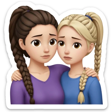 Comforting Hug two white skin women, one shorter woman with medium brown simple top ponytail, not braided, and one taller skinny sad face woman with a single long black side braid sticker