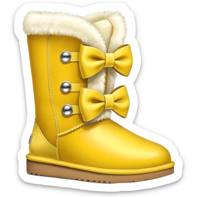Yellow ugg boots with fur and yellow silver buckle and light yellow bow sticker