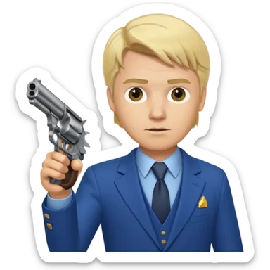 A blond man in a blue suit with a Colt pointing forward. sticker
