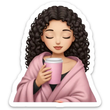 woman with hispanic medium skin tone, black long 3b curls, closed eyes, feminine face, holding soft pink coffee cup with beige blanket over shoulders sticker