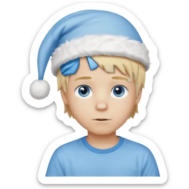 create boy blonde hair long messy, light eyes, white t shirt, rich, long hair, eyes blue, acessory head cristimas blue hat, fluffy hair sticker