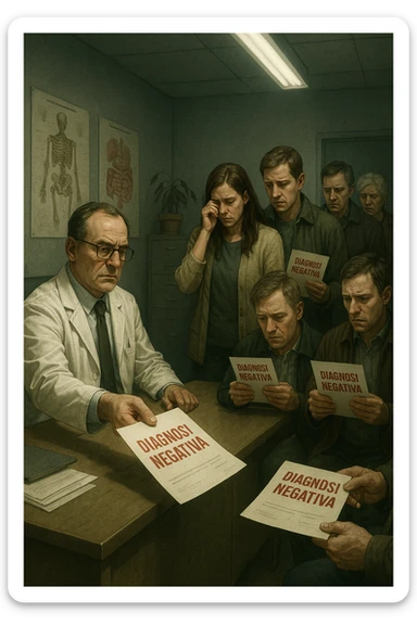 A realistic, cinematic illustration set in a dull, grey-toned medical office. A middle-aged male doctor in a white coat with a stern, cold expression is seated at his desk, handing out medical reports with large red ‘Negative Diagnosis’ stamps to each patient in line. The patients, of various ages and appearances, stand in a line, each looking increasingly sad, defeated, and demoralized as they receive their papers, with slumped shoulders and empty gazes. One young woman wipes away a tear, while a man stares at the paper in shock. The background shows medical posters, a faded plant, and harsh fluorescent lighting, emphasizing the cold, mechanical environment. The mood is heavy, illustrating how negative diagnoses delivered without empatia can deeply affect the mental health and morale of patients. The style is realistic, with subtle filmic grain, emphasizing emotional impact and the weight of medical words on people’s lives. in italiano sticker