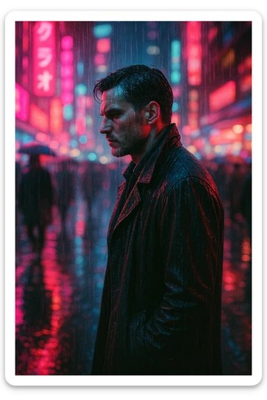 cinematic cyberpunk portrait of a man walking through a neon-lit futuristic city at night, heavy rain, soaked trench coat, neon reflections on wet street, dramatic side profile, serious expression, vibrant pink and blue ambient lighting from neon signs, busy urban street with motion blur of rushing crowd, shallow depth of field, shot on 35mm film, detailed textures, moody Blade Runner atmosphere, camera 35mm lens aperture f/1.4, lighting ambient neon rim lighting, colors neon cyan magenta purple electric blue hints of deep red, mood introspective tense noir detective, post-processing analog film grain slight chromatic aberration sticker