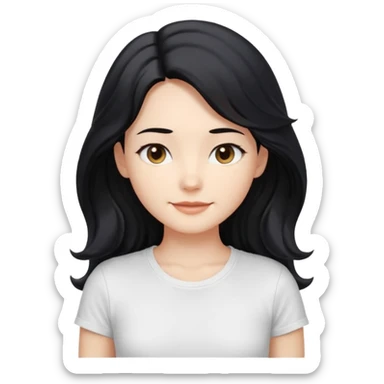front-facing, chest-up portrait, symmetrical pose
long wavy black hair, glossy strands, slightly rounded volume, soft gentle smile, relaxed eyes, cute proportions
white T-shirt, minimal, pure white background, bright soft lighting, smooth plastic-like material, clean rende sticker