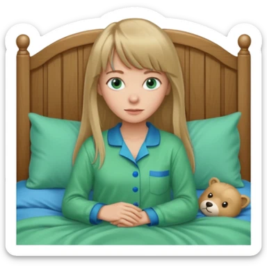 Woman with long dark blond hair and bang woth blue eyes alone in bed  with green pyjama sticker