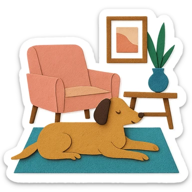 a dog lounging in a stylish room, paper craft style sticker