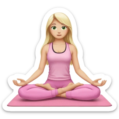 blonde long hair, green eyes, yoga girl in light pink clothes sitting cross-legged on a yoga mat, emoji style sticker