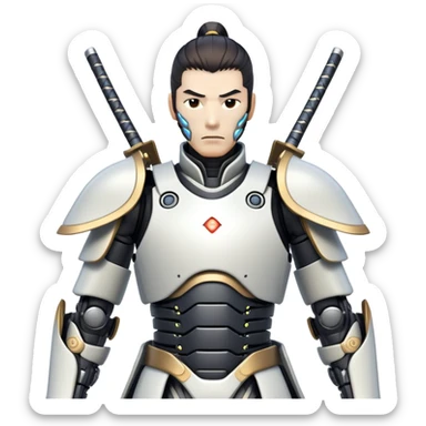 cyborg male samurai with robotic limbs and glowing cybernetic enhancements sticker