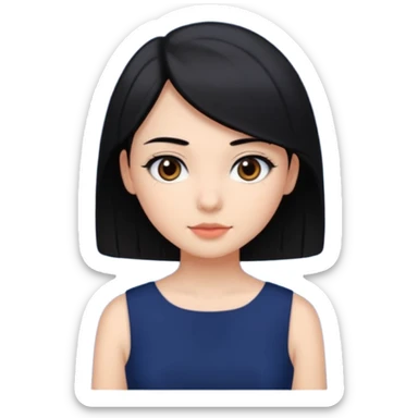 A girl with black hair, dark brown eyes, a beautiful face, short, straight hair to the shoulders, and a navy blue dress. sticker
