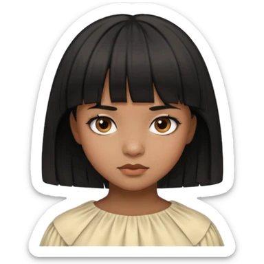 Girl that has a short black hime cut with curtain bangs, then dark brown eyes, and has a bit brown skin sticker