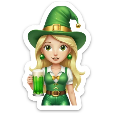 Blonde haired pretty woman with freckles glittery green bell bottoms and tall leprechaun hat holding a green beer sticker