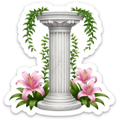 White tall marble pedestal with vines growing around it and pink lilies, beautiful romantic scenery  sticker