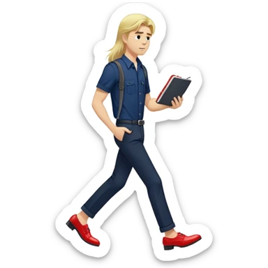 Guy with super long straight blonde hair wearing a short sleeve navy button up untucked black pants red shoes walking holding a notebook by his hip sticker