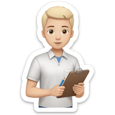 intern or volunteer holding a clipboard and pencil, ready to take notes or assist. The character wears a simple shirt and has an eager posture sticker