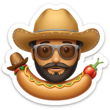 A bearded hotdog with sunglasses and a cowboy hat sticker