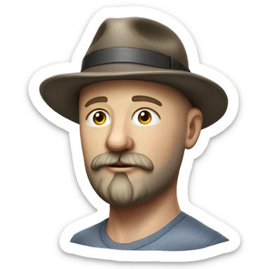 Photorealism A plump bald man of Slavic appearance with a goatee beard and mustache, wearing a fedora hat, big details sticker