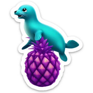 teal seal jumping exploding out of big purple pineapple sticker
