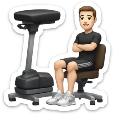 Pale skinned Fit Man With the biceps and dark brown hair in black shirt, gray sports shorts and white Sneakers Sitting on a chair sticker
