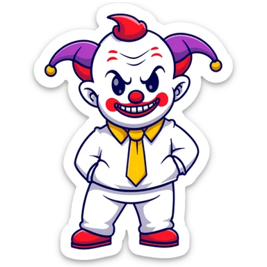 full-body demonic clown in a white leisure suit with bellbottom pants, bald, black ram horns, flashy belt, ruffled shirt, colorful tie, no elevator shoes sticker
