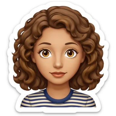 woman, 40s, chin-length wavy/curly brown-ish, few white stripes hair, hazel eyes sticker