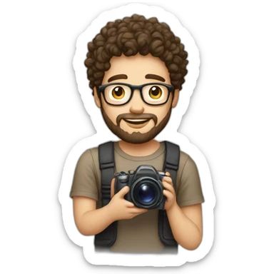 young white guy with dark brown curly hair round face and goatee beard nerd tshirt holding camera sticker