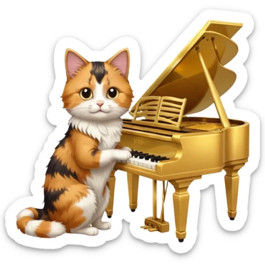 calico cat play gold piano, portrait sticker