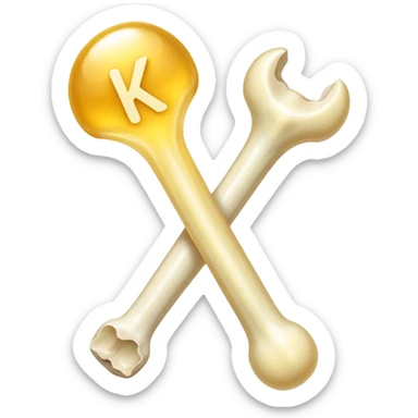 Simple, minimalist vitamin K2 symbol with a soft golden glow beside a bright, luminous bone. Both elements emit a gentle ethereal light, with subtle connections between them showing K2's role in bone health. sticker