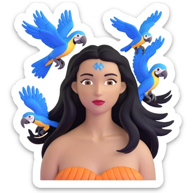 close-up of a woman's face with long black hair, light brown skin, blue macaws flying around her head, and the arches of Atalaia Beach (Aracaju-SE) subtly in the background sticker
