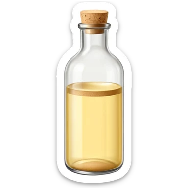 simple glass bottle with pale golden liquid inside, capped with a cork or screw cap, slender practical shape, soft label suggesting everyday use, clear light yellow hue visible through the glass, no glass, pour, or branding, closed bottle, soft lighting, subtle shadows, emoji scale sticker