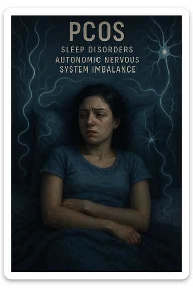 realistic and cinematic vertical illustration of a woman with PCOS in bed, sleep disorders and autonomic nervous system imbalance, agitated, symbols of nervous system imbalance, nighttime atmosphere, detailed, very few writings, 2:3 aspect ratio sticker