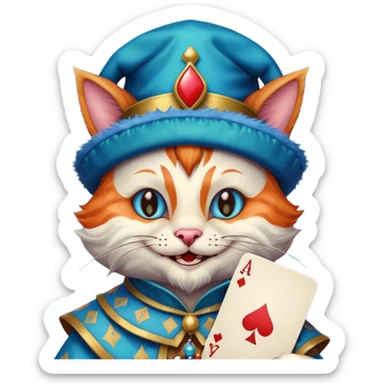 crazy colorful cute little cat jolly joker from poker, medieval, vintage, court jester, mac os icon, blue color, holds an ace poker card (clearly detailed and precise) sticker