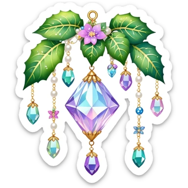 Exotic romantic Few cute tiny Iridescent glistening glossy sparkly shiny glittery hanging crystals pearls and beads and gemstones scenery scenic decorations with ivy and flowers sticker