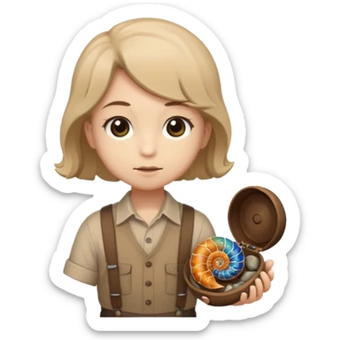 Shelly has a small, chibi-style body with a large ammonite-shaped head that looks like a beige fossil shell. One side of her head has a dark opening, making it clear she isn’t human. Her face is simple and soft, with big round eyes. She wears a brown suspender outfit over a lighter shirt sticker
