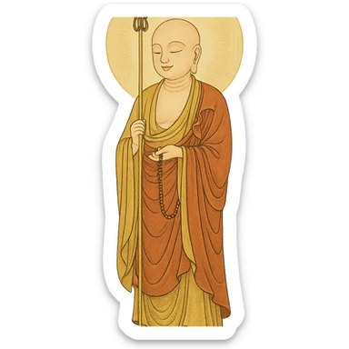 Kṣitigarbha bodhisattva, standing, holding a staff with metal rings, monk's robes, compassionate smile, Buddhist halo sticker