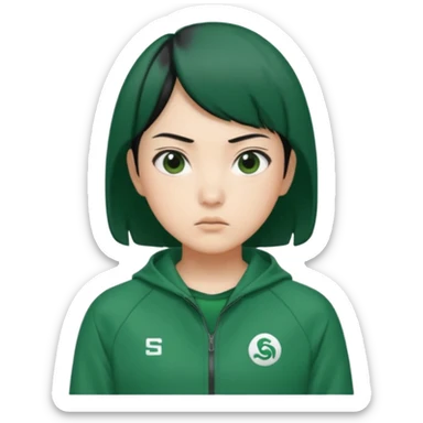 Sae-byeok from Squid Game wearing green tracksuit, short hair, serious expression, simple character emoji style sticker