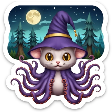 a cat that looks like a wizard that is half monster half octopus holding a rat looking super scary and mysterious with forest background nighttime sky sticker