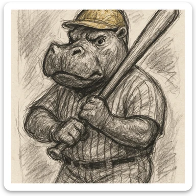 hippo holding a baseball bat, wearing a yellow helmet, pinstripes outfit sticker
