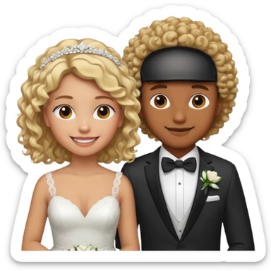 Blonde brown  skin girl skin in wedding dress curly hair with white men next too her with a suit on and straight brown  hair smiling  sticker