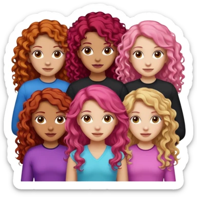 5 girls  curly redhead, one with brunette dyed blonde hair, one long haired wavy brunette, one mid-length haired brunette, and one black haired girl with partially dyed bright red/pink hair sticker