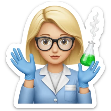 Eine hellblonde Chemikerin mit Kittel, Handschuhen, großer Labor-Sicherheitsbrille und typischem Erlmeyerkolben in der Hand sticker