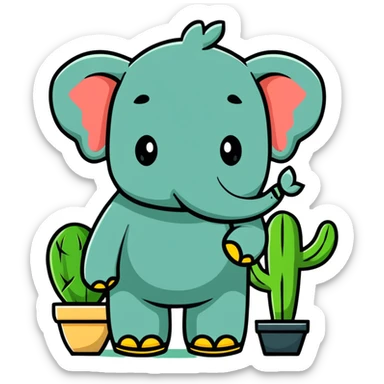 elephant with a cactus body wearing sandals, elephant head on top of a green cactus body with sandals on its feet sticker
