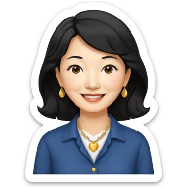 60 yr old asian woman, wavy thick black hair past shoulder length, side part, side swept bang, big smile, collared shirt sticker