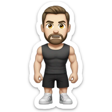 Angry Pale skinned Fit Man With the biceps and dark brown hair in black shirt, gray sports shorts and white Sneakers sticker
