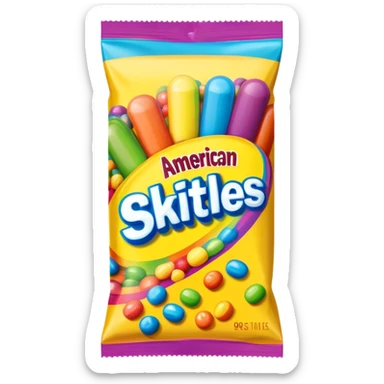 A 90s American Skittles candy package with bold colors, retro design elements, original 90s packaging with bright rainbow colors sticker