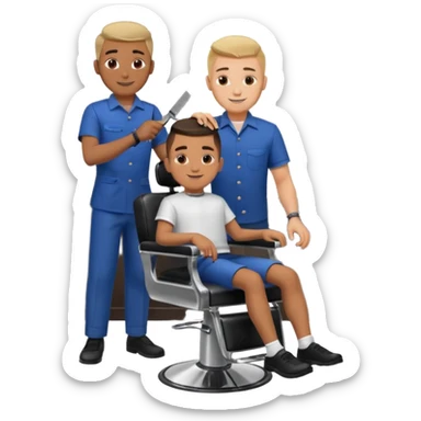 Barber cutting boys hair. Show the boy sat in black barber chair and both having smiles on their faces sticker