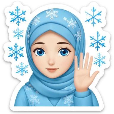 Turkish beautiful finish Konya girl blue eyes with light blue winter design hijab islamic dress and had on her hand snowflakes and she wave one's hand sticker