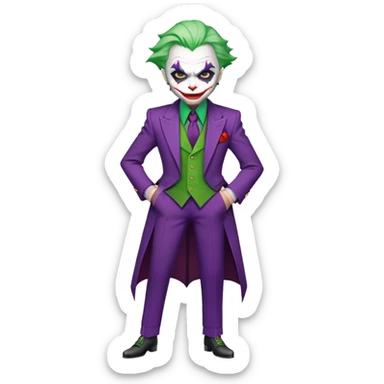 The Joker villain character full body with green hair, purple suit, white face, red lips sticker