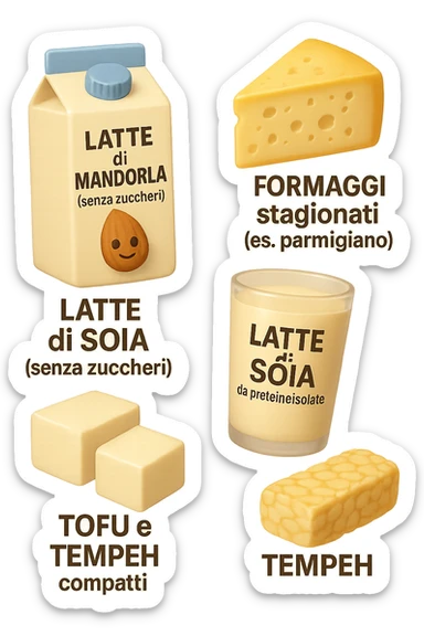 emoji stile iphone 3d di Latte e yogurt delattosati in italiano
Latte di mandorla (non zuccherato)
Latte di soia da proteine isolate
Formaggi stagionati (es. parmigiano)
Tofu compatto e tempeh
 che fluttuano in aria, iperealistico 4k sticker