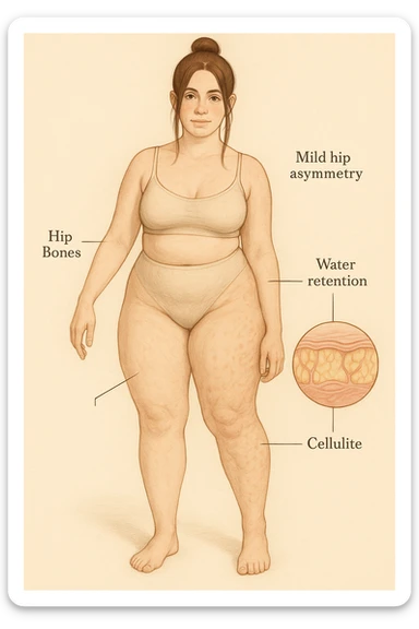 Realistic anatomical illustration of a woman with mild hip asymmetry, water retention, and cellulite, viewed in a soft, educational, body-positive way. sticker