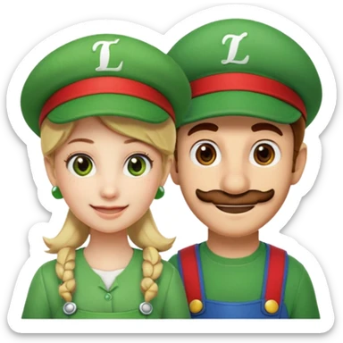 blonde female Luigi (with the Luigi green hat with an L on it) and a normal brown hair male Mario with the red hat with a (M) on it. They are friends just smiling. think video game sticker